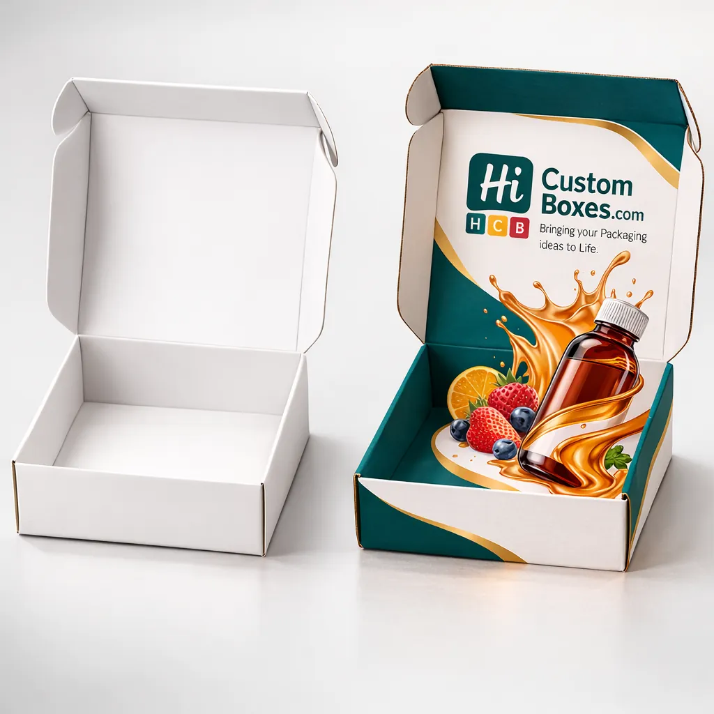 Two open square mailer boxes, one plain white and one featuring vibrant splash graphics and syrup branding. class=